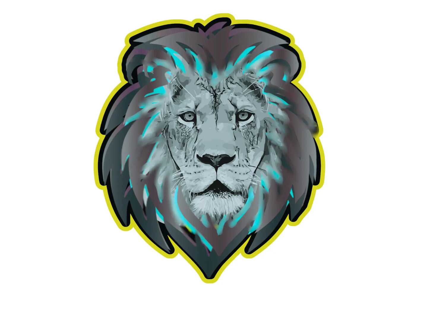 Lion head design with teal accents to compliment the gray and yellow on a white background